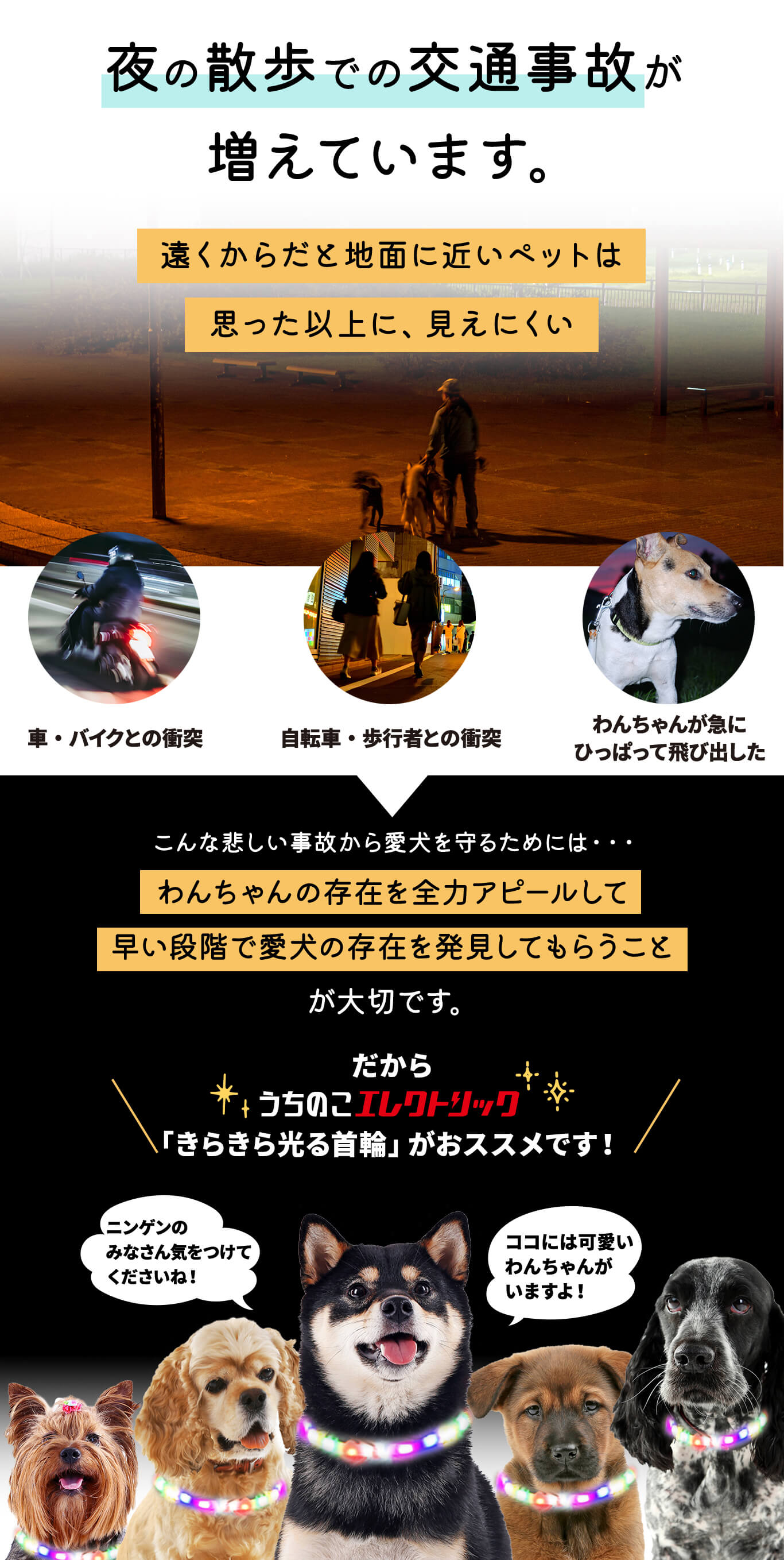 夜の散歩中、車やバイク、自転車との衝突事故が増えています。地面に近いペットは遠くから見えにくく、急な飛び出しで事故につながることも。愛犬を守るためには、存在をしっかりアピールし、早い段階で気づいてもらうことが大切です。そこで、おすすめなのが「うちのこエレクトリック きらきら光る首輪」。