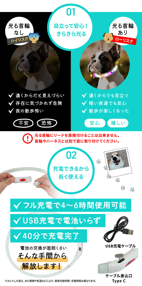 目立って安心！ きらきら光る首輪なら、夜の散歩も楽しく安全に。 光る首輪なし → ハイリスク：見えにくく、事故の危険が高い 光る首輪あり → ローリスク：遠くからでも目立ち、夜道も安心！ ※光る首輪にはリードを直接取り付けられません。首輪やハーネスとは別に装着してください。 充電式で長持ち♪ フル充電で4〜6時間使用可能、USB充電対応（40分で完了）、電池交換不要で手間いらず！