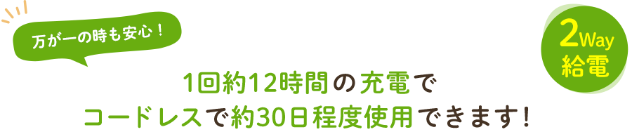 1回約12時間の充電でコードレスで約30日程度使用できます！2Way給電