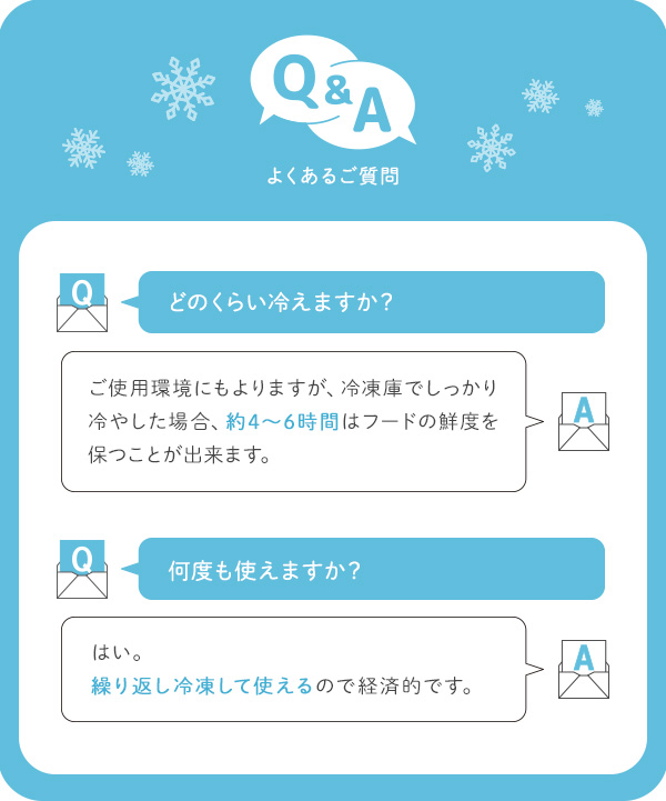 どのくらい冷えますか？ご使用環境にもよりますが、冷蔵庫でしっかり冷やした場合、約4～6時間はフードの鮮度保つことが出来ます。何度も使えますか？はい。繰り返し冷凍して使えるので経済的です。