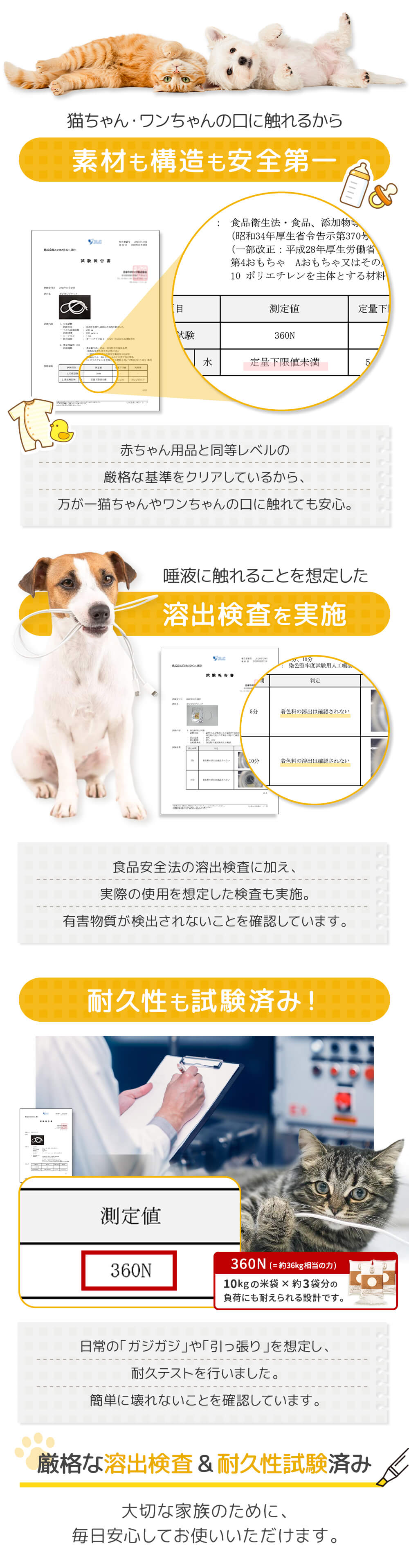 猫ちゃん・ワンちゃんの口に触れるから素材も構造も安全第一。赤ちゃん用品レベルの溶出検出クリア。さらに唾液に触れることを想定した検査も実施。耐久テストも検査済み。約36kg、10kgの米袋×約3袋の負荷にも耐えられる設計です。