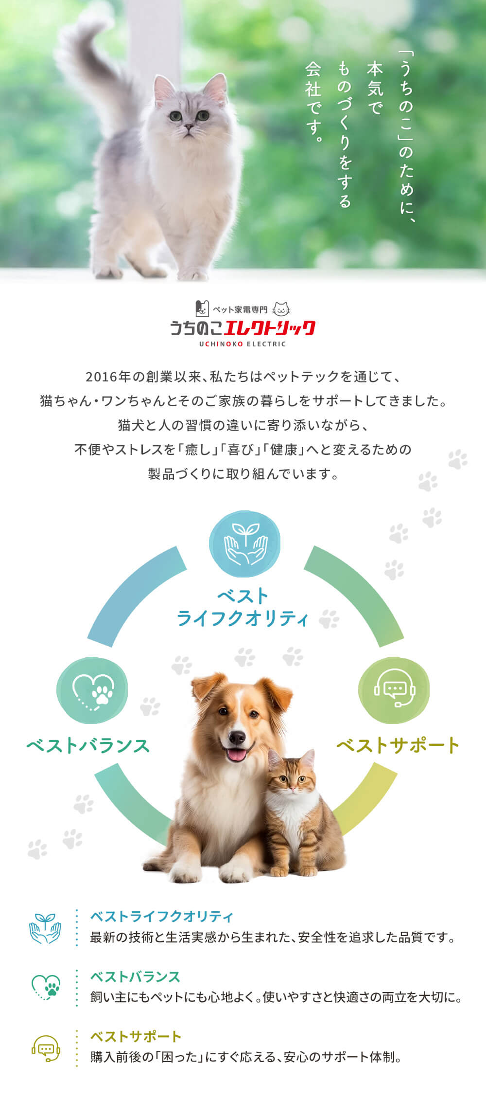 ブランドストーリー。うちのこエレクトリックは「ベストクオリティ」「ベストバランス」「ベストサポート」を第一に製品づくりに取り組んでいます。