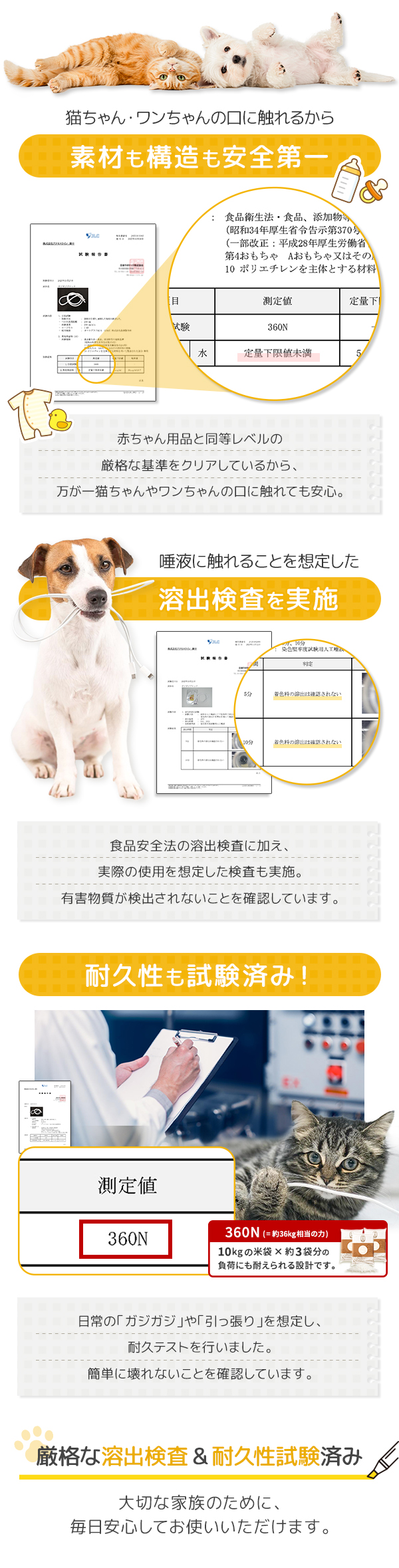 猫ちゃん・ワンちゃんの口に触れるから素材も構造も安全第一。赤ちゃん用品レベルの溶出検出クリア。さらに唾液に触れることを想定した検査も実施。耐久テストも検査済み。約36kg、10kgの米袋×約3袋の負荷にも耐えられる設計です。