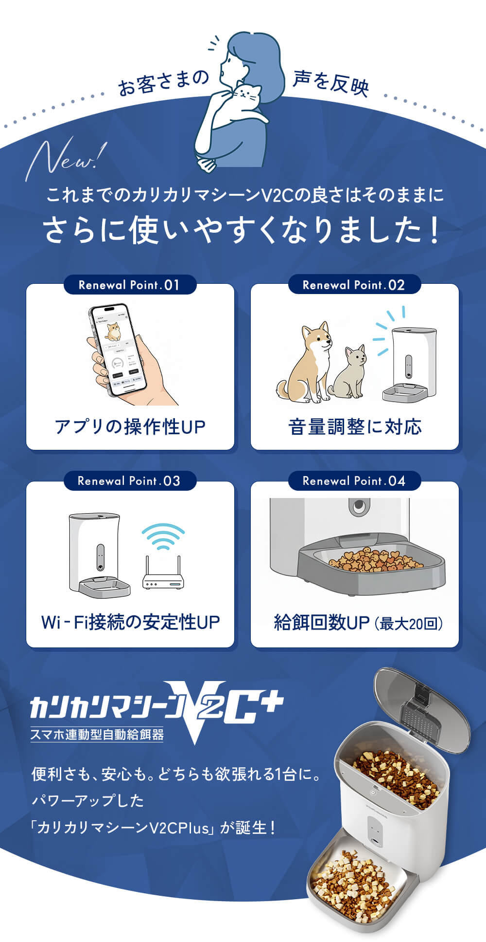 進化したカリカリマシーンV2C Plusの4つのリニューアル点。お客様の声を反映し「スマホアプリの操作性UP」「音量調整に対応」「Wi-Fi接続の安定性UP」「給餌回数UP(最大20回)」を実現しました。