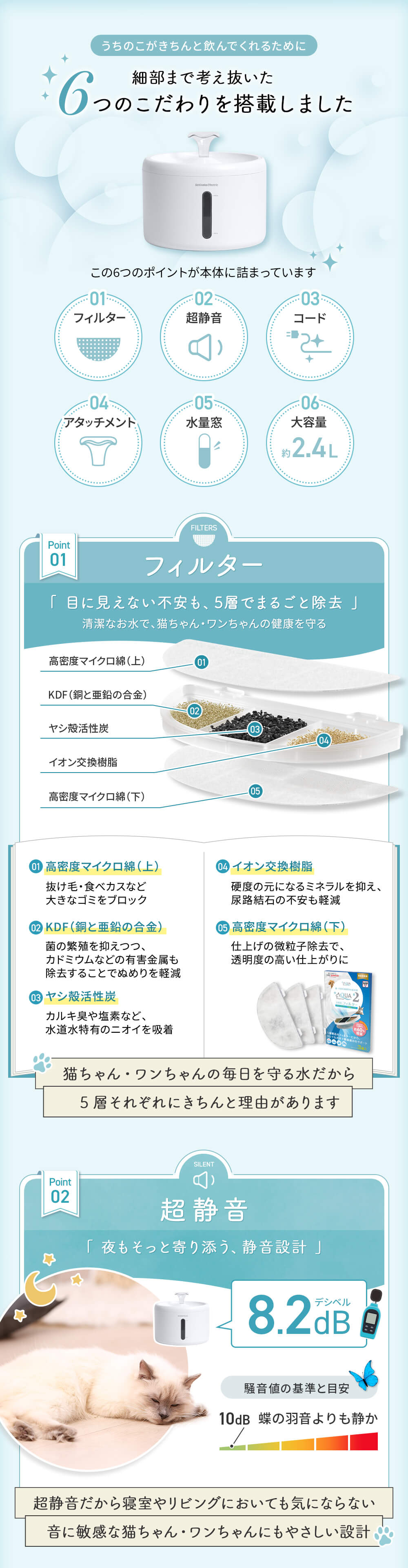細部まで考え抜いた6つのこだわりを搭載しました。 フィルター、超静音、コード、アタッチメント、水量窓、大容量。 フィルター 目に見えない不安も5層でまるごと除去 超静音 夜もそっと寄り添う、静音設計。超静音だから寝室やリビングにおいても気にならない 音に敏感な猫ちゃん・ワンちゃんにもやさしい設計 