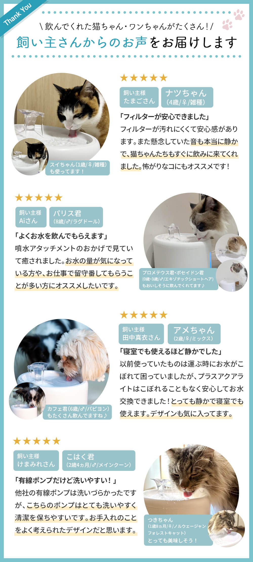 飼い主さんからのお声をお届けします。 フィルターが安心できました。音も本当に静かで猫ちゃんたちもすぐ飲みに来てくれました。 よくお水を飲んでもらえます。 お水の量が気になっている方やお仕事で留守番してもらうことが多い方におススメしたいです。 寝室でも使えるほど静かでした。デザインも気に入ってます 優先ポンプだけど洗いやすい 清潔を保ちやすいです。