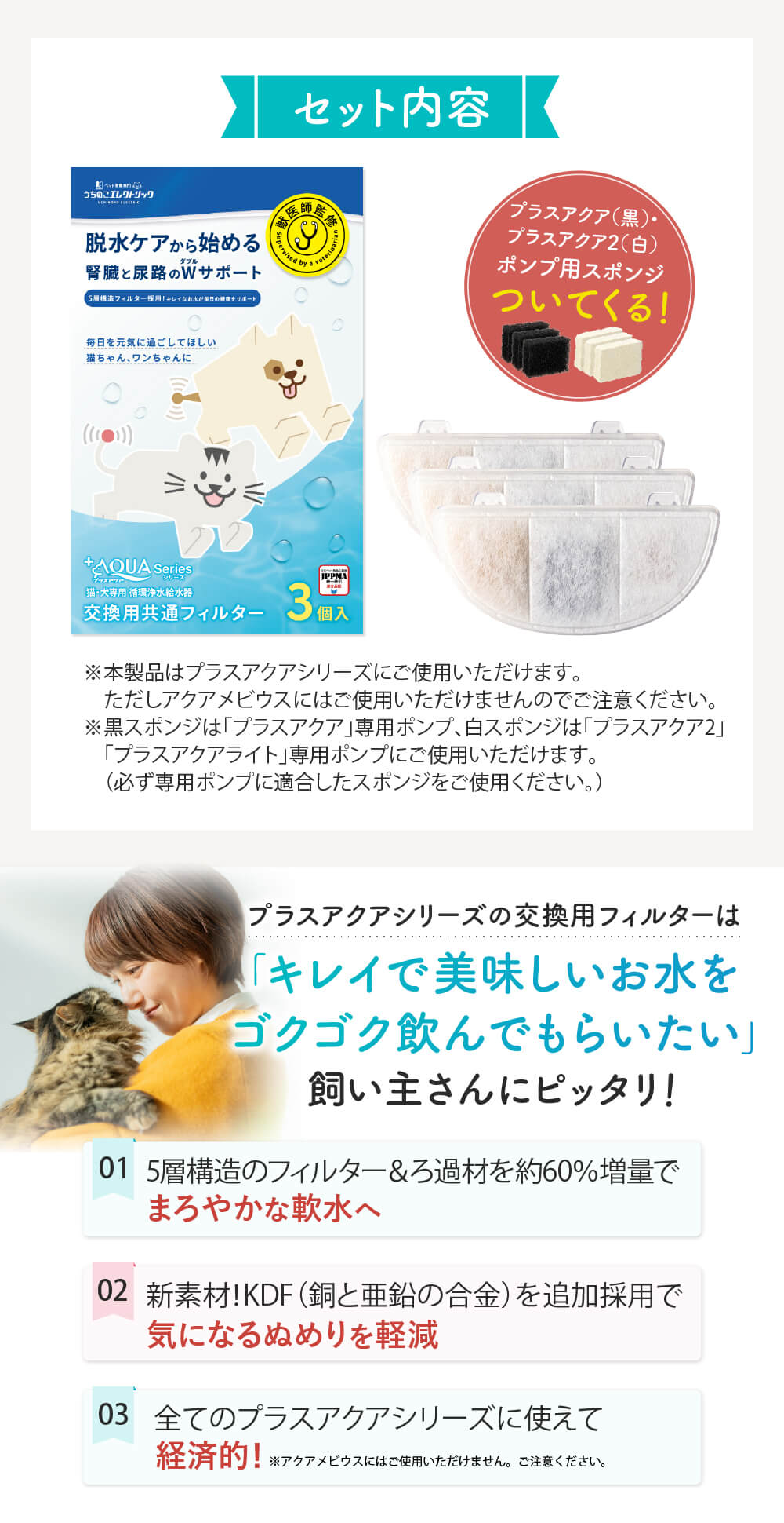 セット内容（フィルター×3枚）プラスアクアポンプ用スポンジ（黒）×3 プラスアクア2ポンプ用スポンジ（白）×3　ついてくる　プラスアクアシリーズの交換用フィルターは「キレイで美味しいお水をゴクゴク飲んでもらいたい」飼い主さんにピッタリ！　1：5層構造のフィルター＆ろ過材を60％増量でまろやかな軟水へ　2：新素材ＫＤＦ（銅と亜鉛の合金）を追加採用で気になるぬめりを軽減　3：以前のシリーズ「プラスアクア」にも使えて経済的！