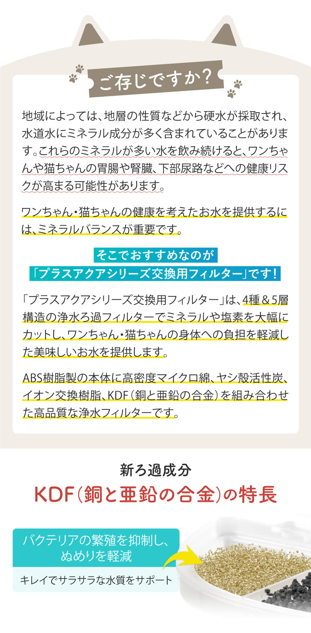 ご存じですか？地域によっては水道水にミネラル成分が多く含まれていることがあります。ミネラルが多い水を飲み続けるとワンちゃんや猫ちゃんの胃腸や腎臓。下部尿路などへの健康リスクが高まる可能性があります。　そこでおすすめなのが「プラスアクアシリーズ交換用フィルター」です。浄水ろ過フィルターでミネラルや塩素を大幅にカットし、ワンちゃん猫ちゃんの身体への負担を軽減したおいしいお水を提供します。　ABS樹脂製の本体に高密度マイクロ綿、ヤシ殻活性炭、イオン交換樹脂、KDF（銅と亜鉛の合金）を組み合わせた高品質な浄水フィルターです。