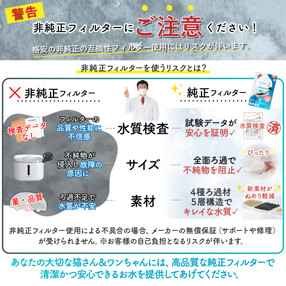 警告！非純正フィルターのご使用にご注意ください。