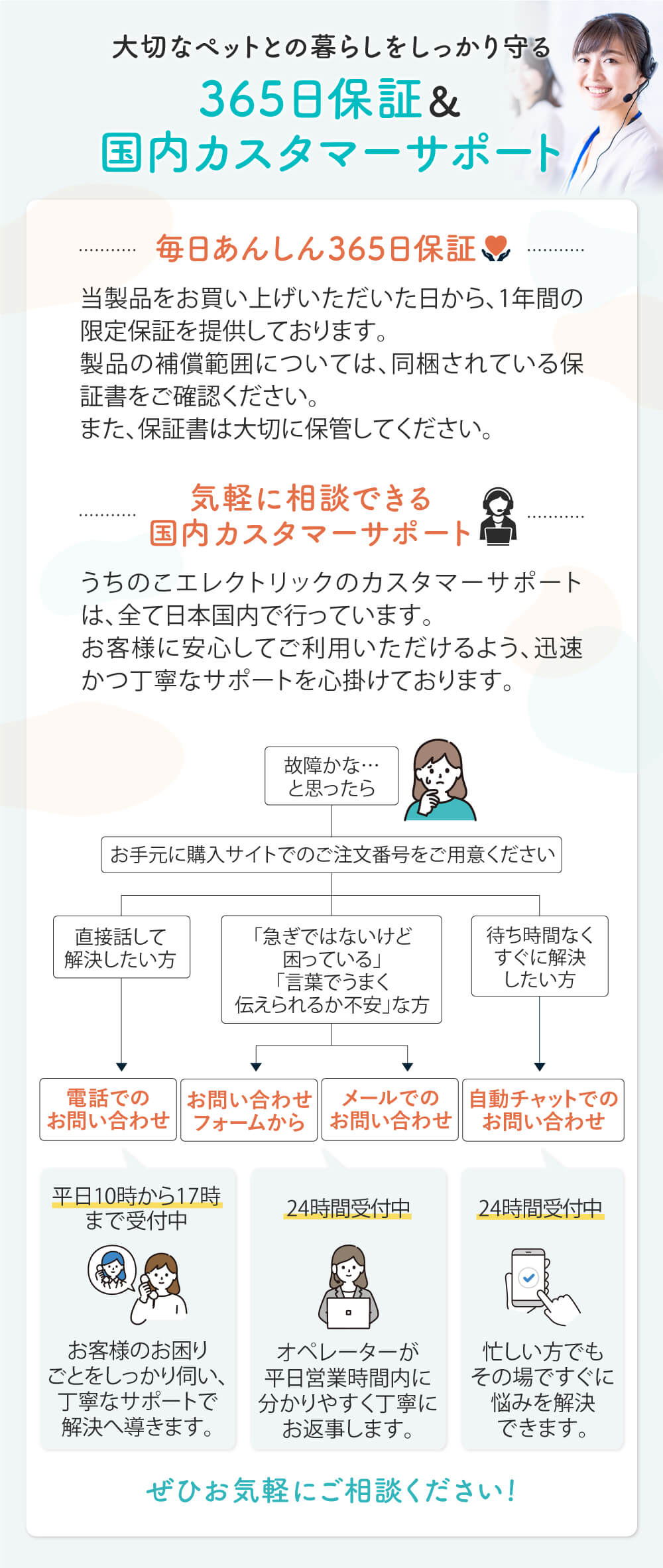 大切なペットとの暮らしをしっかり守る365日保証＆国内カスタマーサポート 気軽に相談できる国内カスタマーサポート